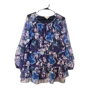 Women’s Purple Floral Peasant Blouse – Long Sleeve Tiered Flow Top